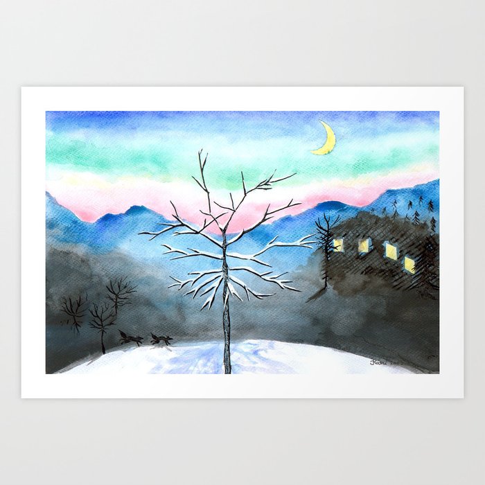Winter Evening Watercolor Painting Art Print By Ilylilyart Society6