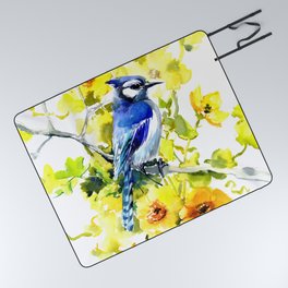 BLue Jay and Yellow Flowers Picnic Blanket