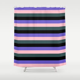 [ Thumbnail: Slate Blue, Pink, Dark Slate Gray & Black Colored Stripes/Lines Pattern Shower Curtain ]