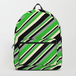 [ Thumbnail: Dark Grey, Lime Green, Light Yellow, and Black Colored Pattern of Stripes Backpack ]