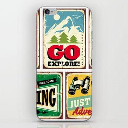 Hiking and camping retro signs collection. Outdoor activities vintage posters set. Wilderness and adventures illustration.  iPhone Skin
