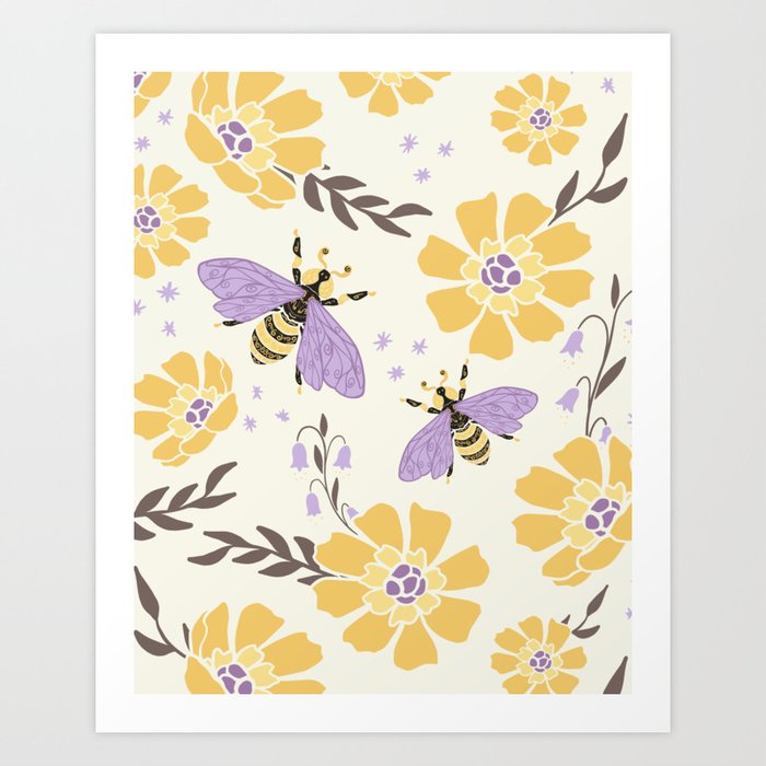 Honey Bees and Flowers - Yellow and Lavender Purple Art Print