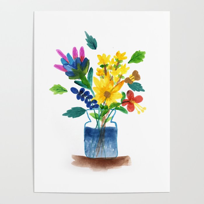 Bunch of flowers in the glass pot Poster