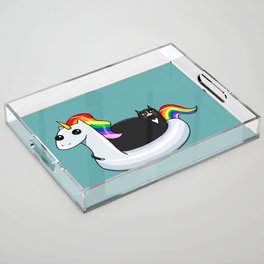 Chonky Cat on Rainbow Unicorn Floatie Acrylic Tray by kilkennycat