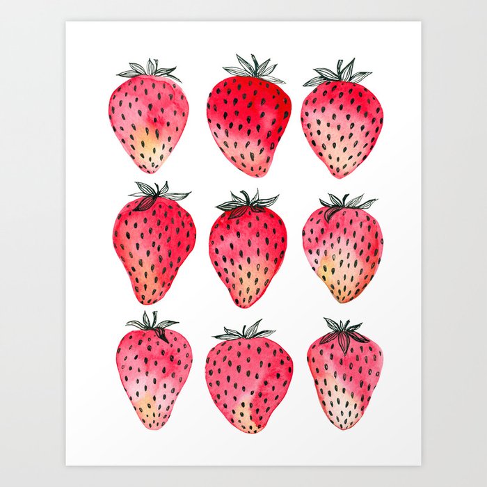 Strawberries watercolor and ink  Art Print