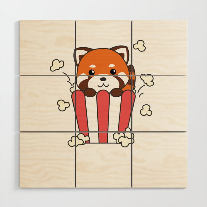 Red Panda Popcorn Time Funny Pun Wood Wall Art