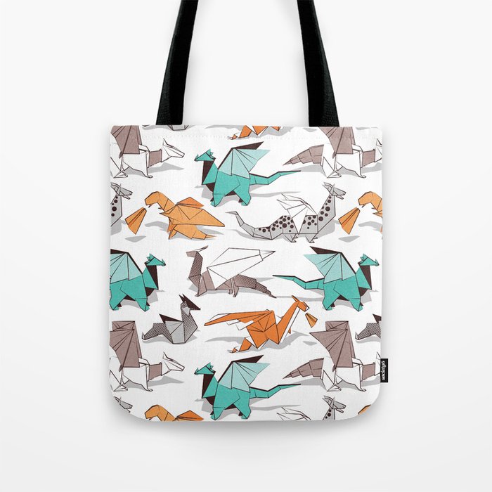 Origami dragon friends // white background aqua orange grey and taupe fantastic creatures Tote Bag
