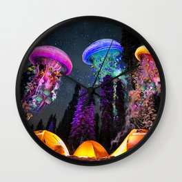 Electric Jellyfish World Night Visit Wall Clock | Stars, Fish, Photo, Trees, Art, Fantasy, Tropical, Jellyfish, Digital Manipulation, Tents 