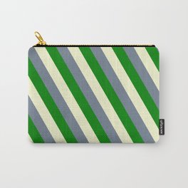 [ Thumbnail: Light Yellow, Slate Gray, and Green Colored Lined Pattern Carry-All Pouch ]