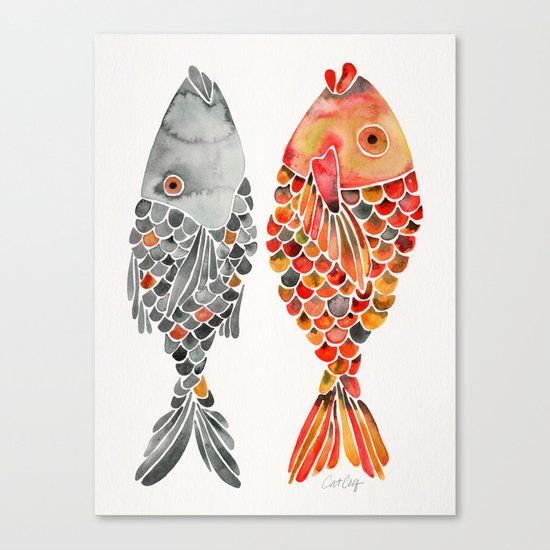 Indonesian Fish Duo – Grey & Orange Palette Canvas Print