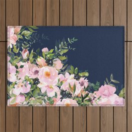 Boho, Floral Watercolor, Roses, Navy Blue and Pink Outdoor Rug