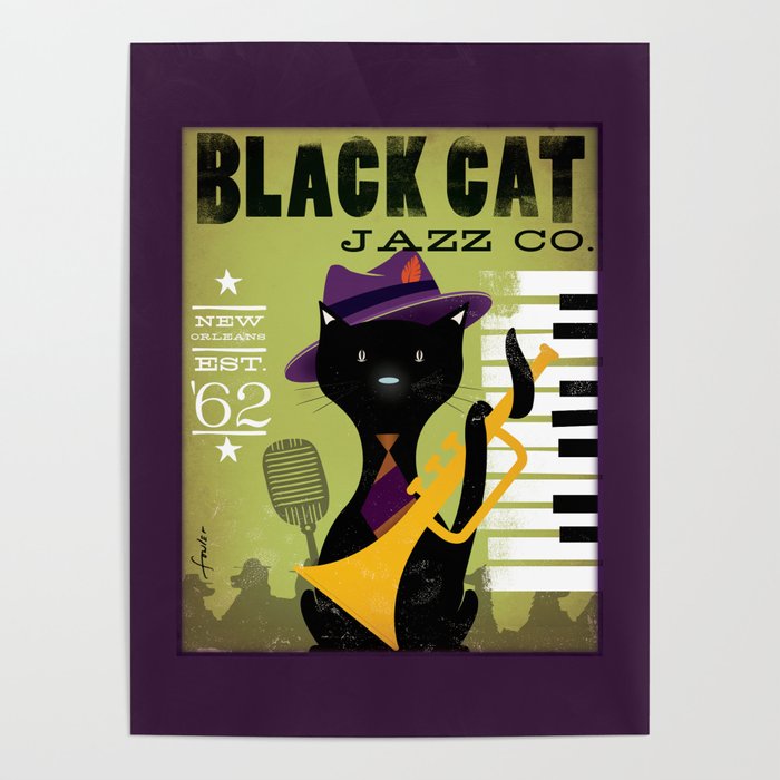 Black Cat Jazz Piano Music Club New Orleans Art Poster by gemini studio