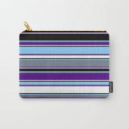 [ Thumbnail: Light Sky Blue, Slate Gray, Indigo, White, and Black Colored Lines/Stripes Pattern Carry-All Pouch ]
