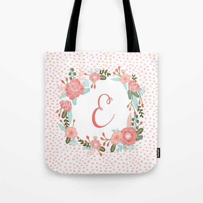 Monogram E - cute girls coral florals flower wreath, coral florals, baby girl, baby blanket Tote Bag