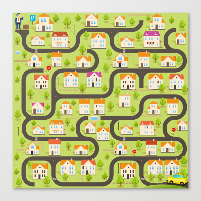Vector Funny Maze Game Map Of Cartoon Small Town Canvas Print By Savgraf Society6