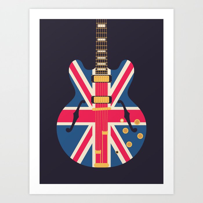 Union Jack Flag Britpop Guitar - Black Art Print