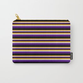[ Thumbnail: Orange, Light Grey, Indigo & Black Colored Pattern of Stripes Carry-All Pouch ]