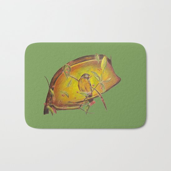 Festive Christmas Bird on a Berry Tree for the Holidays in Green Bath Mat