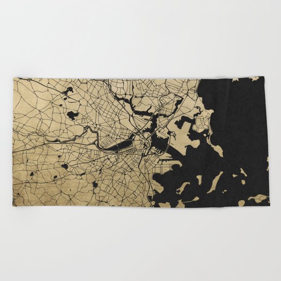 Boston Black and Gold Map Beach Towel