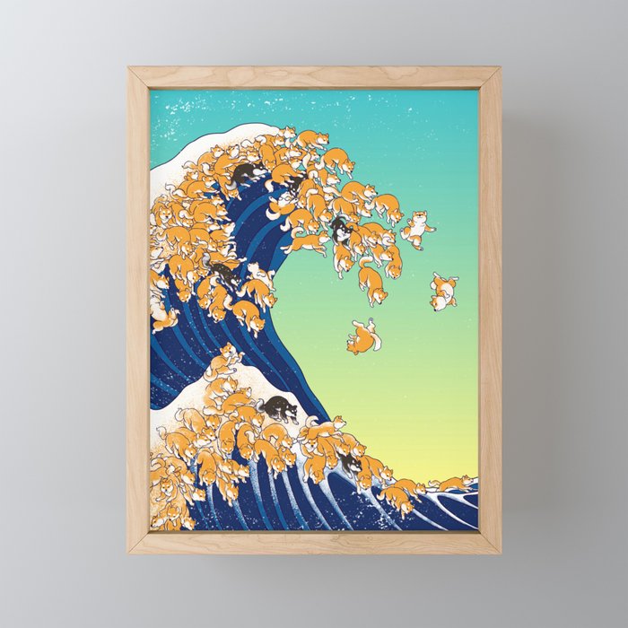 Shiba Inu in Great Wave Framed Mini Art Print