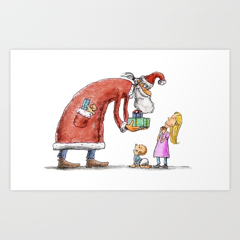 Funny Santa Claus Gift Giving Illustration Art Print By Pixxart