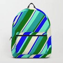 [ Thumbnail: Vibrant Aquamarine, Light Sea Green, Green, Beige, and Blue Colored Lines Pattern Backpack ]
