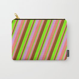 [ Thumbnail: Brown, Chartreuse, Plum & Salmon Colored Stripes Pattern Carry-All Pouch ]