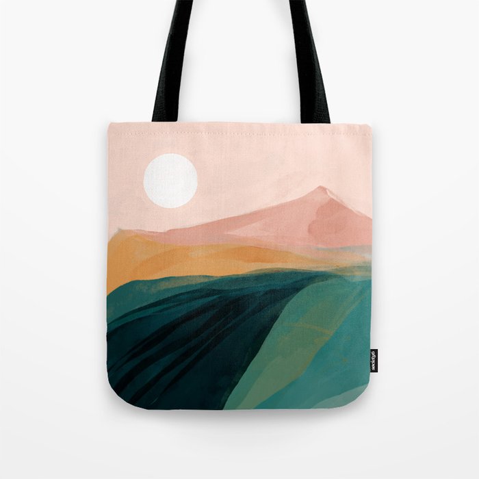 pink, green, gold moon watercolor mountains Tote Bag