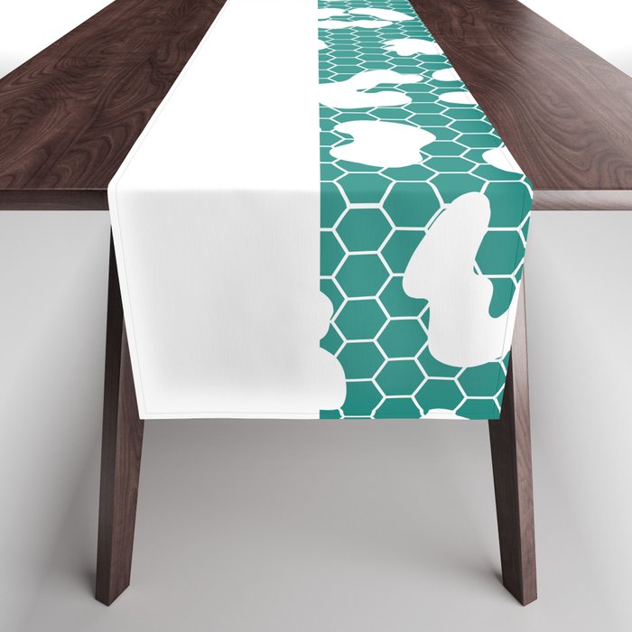 White Leopard Print Lace Horizontal Split on Turquoise Green Table Runner