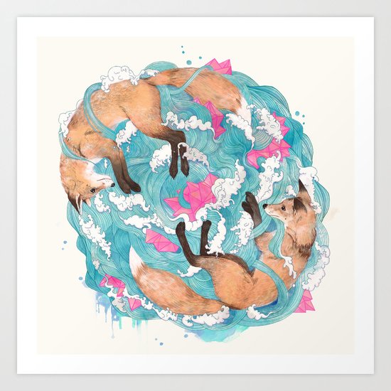 falling foxes Art Print