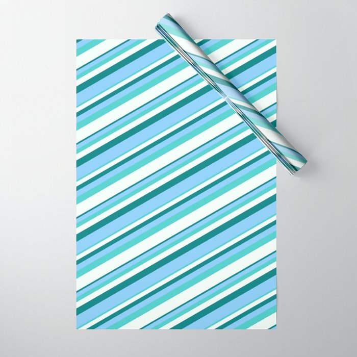 Teal, Light Sky Blue, Turquoise & Mint Cream Colored Striped Pattern Wrapping Paper