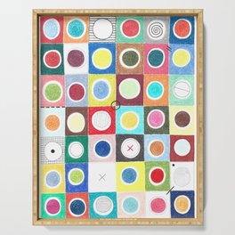 Abstract geometric colorful grid colored pencil original drawing of mysterious symbols and half circles.  Serving Tray
