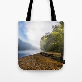 The Banks of the Buffalo River - Fallen Tree on Foggy Morning in Ozark Mountains in Arkansas Tote Bag