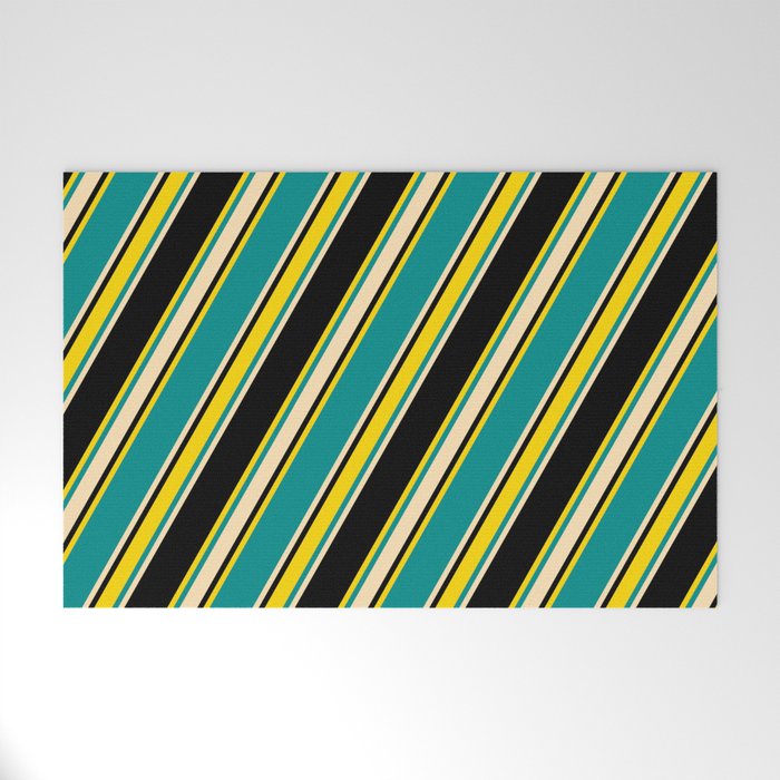 Dark Cyan, Beige, Black, and Yellow Colored Lines/Stripes Pattern Welcome Mat