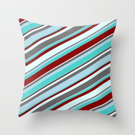 [ Thumbnail: Eyecatching Dim Grey, Light Blue, Turquoise, Dark Red, and Light Cyan Colored Lines Pattern Throw Pillow ]