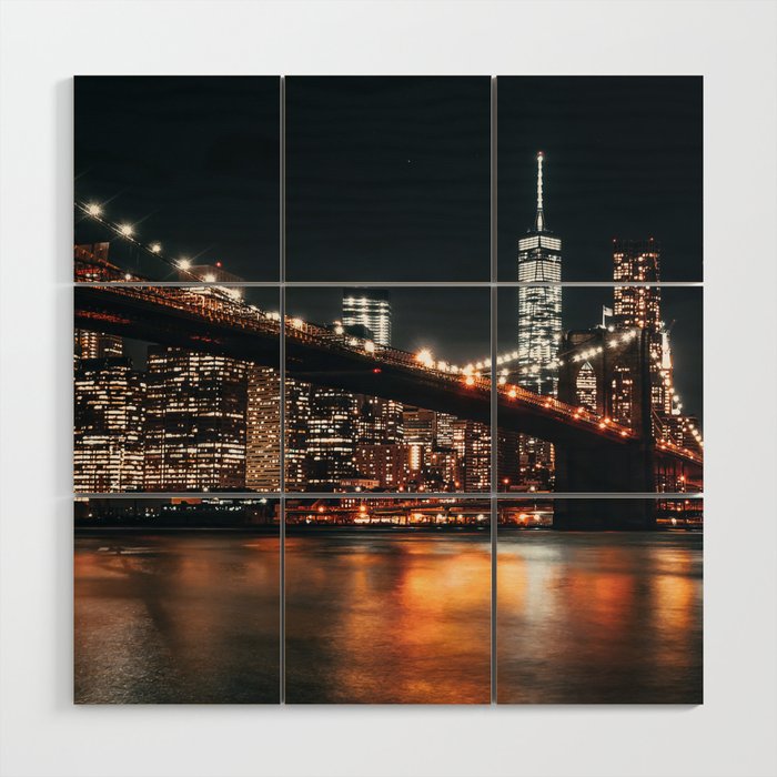 Brooklyn Bridge and Manhattan skyline at night in New York City Wood Wall Art