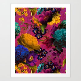 Vintage & Shabby Chic - Purple Botanical Lush Flowers Midnight Garden Art Print