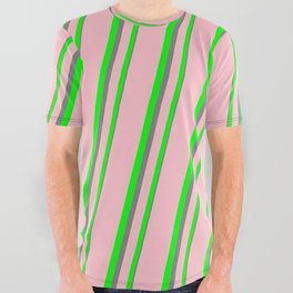 [ Thumbnail: Pink, Lime & Grey Colored Lined Pattern All Over Graphic Tee ]