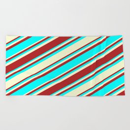 [ Thumbnail: Red, Cyan, and Light Yellow Colored Stripes Pattern Beach Towel ]