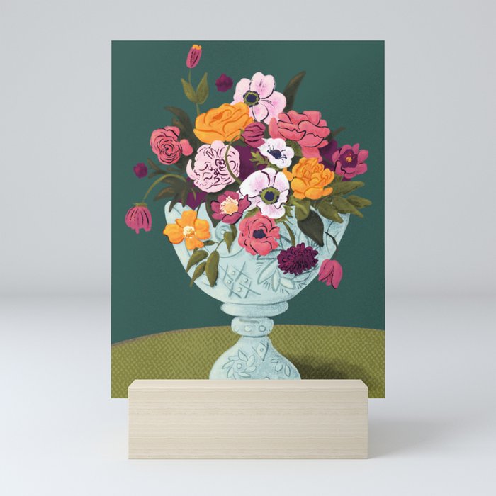 Saturated Springtime Flower Bouquet in Vintage Milk Glass Vase | Bold Colorful Floral Mini Art Print