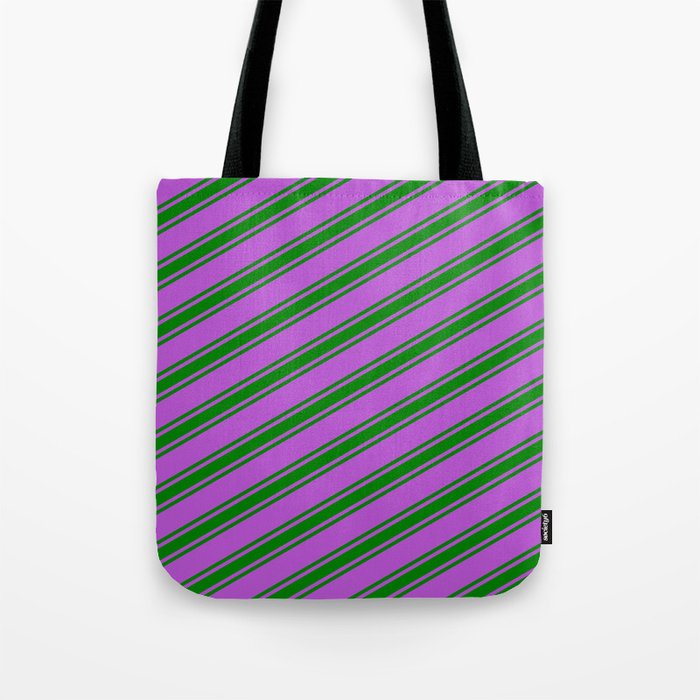 Orchid and Green Colored Lined/Striped Pattern Tote Bag