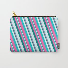 [ Thumbnail: Teal, Light Cyan, Dark Turquoise, and Hot Pink Colored Pattern of Stripes Carry-All Pouch ]