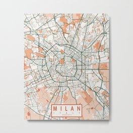Milan City Map of Lombardy, Italy - Bohemian Metal Print | Map, Floral, Street, Milanmap, Nature, Boho, Bohemian, Italian, Travel, Milan 
