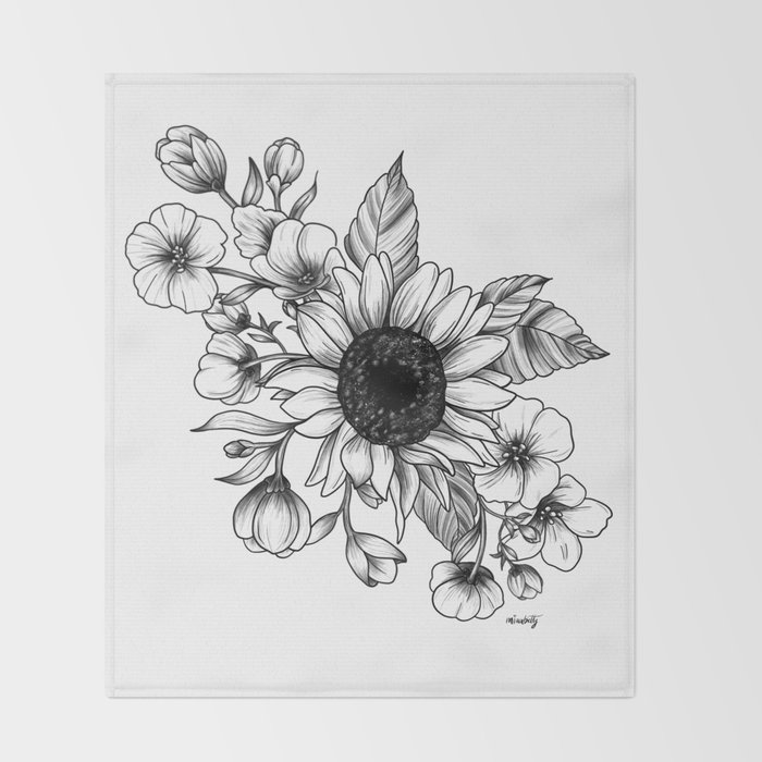 Bouquet Of Flowers With Sunflower Fall Floral Lineart Throw Blanket By Miaubetty