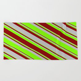 [ Thumbnail: Dark Red, Grey & Chartreuse Colored Lined/Striped Pattern Beach Towel ]
