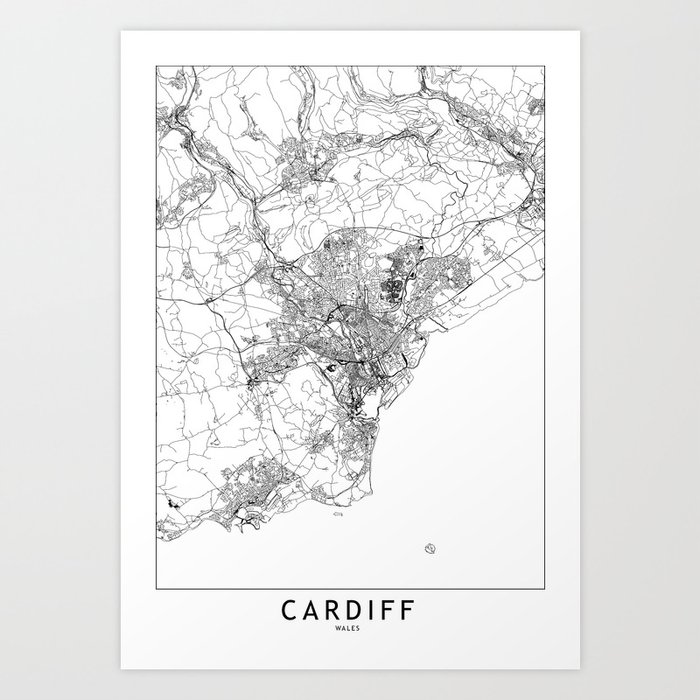 Cardiff White Map Art Print
