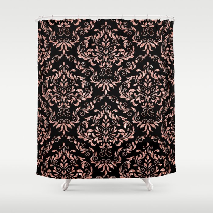 Rose Gold Glitter And Black Damask Shower Curtain By Lisaguenraymond Rose Gold Glitter And Black Damask Shower Curtain