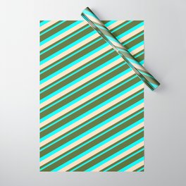 [ Thumbnail: Dark Olive Green, Cyan & Bisque Colored Lined Pattern Wrapping Paper ]
