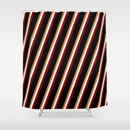 [ Thumbnail: Eyecatching Tan, Chocolate, Mint Cream, Maroon & Black Colored Pattern of Stripes Shower Curtain ]