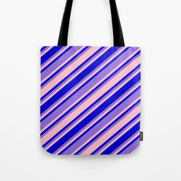 [ Thumbnail: Pink, Blue, and Purple Colored Pattern of Stripes Tote Bag ]